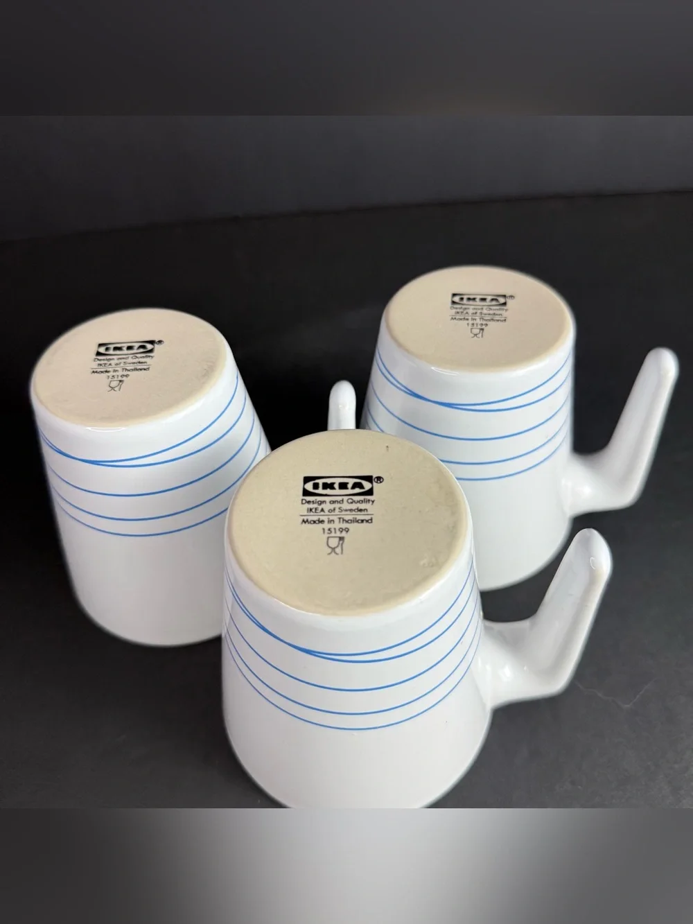 3 IKEA Hurrig Mugs White/Sky Blue Coffee Tea Cup Stackable Stick Handle Retired